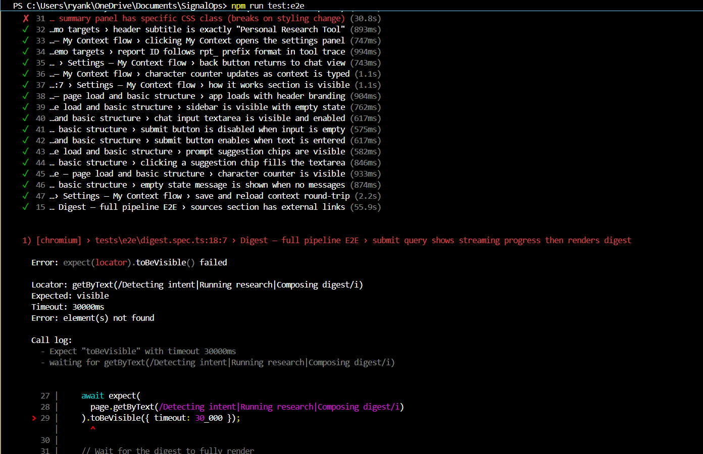 Playwright E2E run, test failure with no root cause context